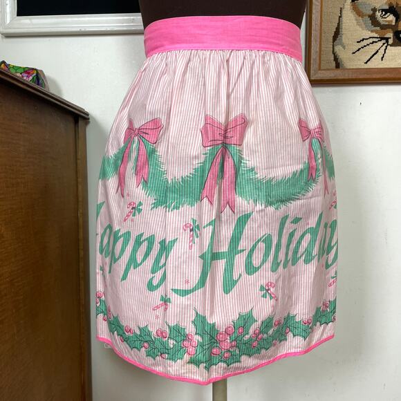 Vintage Pastel Christmas Apron, 1960s Neon Pink & Mint Green Half Apron - Picture 2 of 6